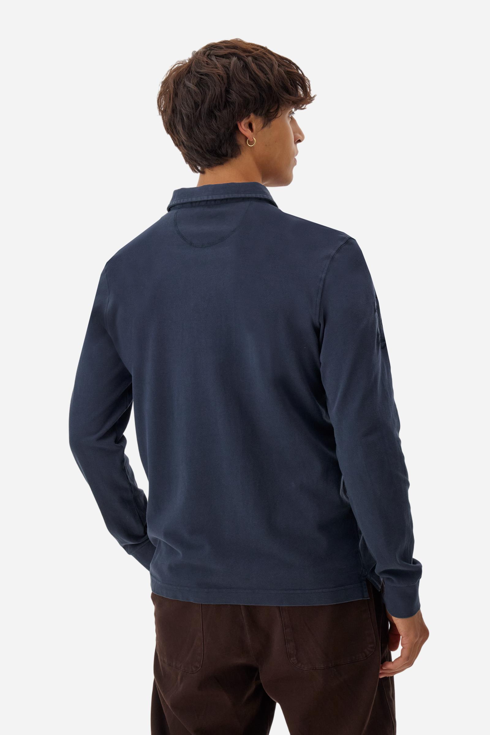 Men’s long-sleeve polo in cotton piqué garment dyed with tone-on-tone patches and embroidery. Regular fit and authentic La Martina style. - Navy                                                                                                                                                                                                                                                                                                                                                                                
