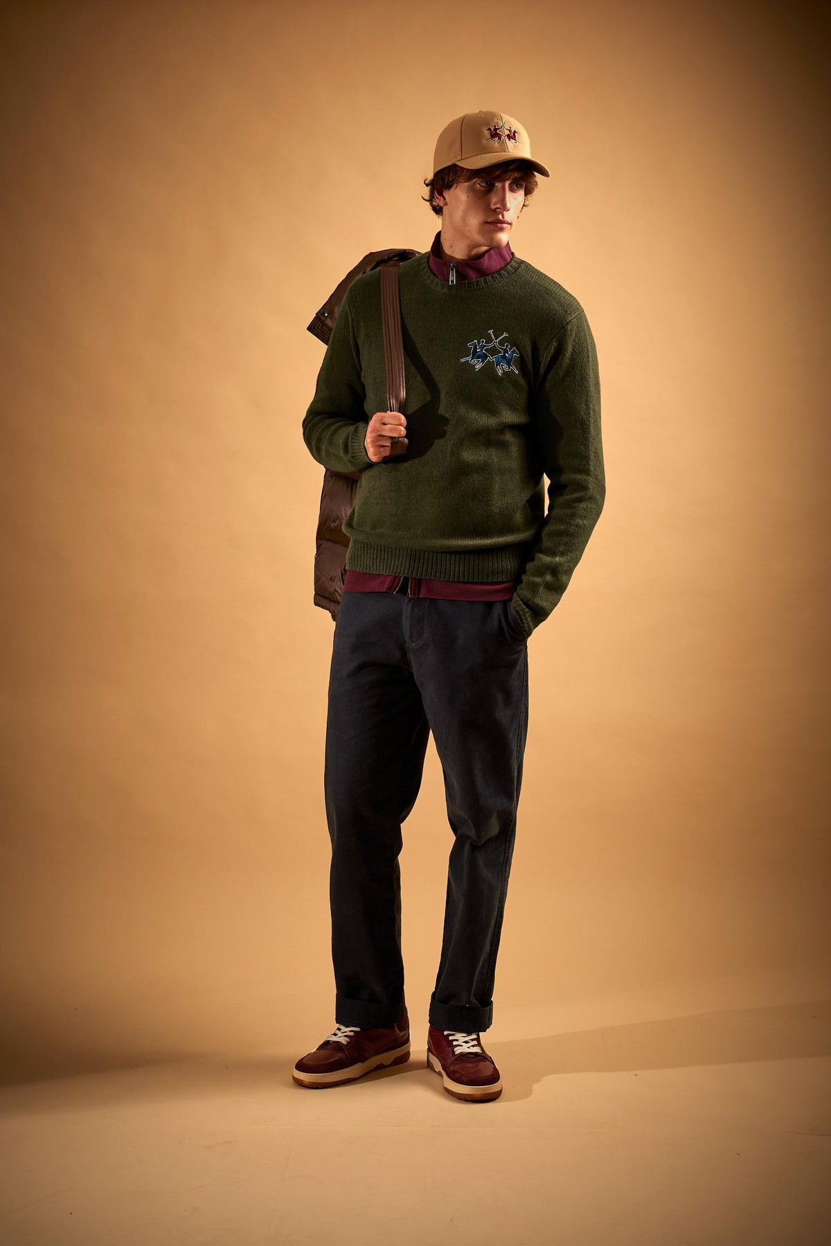 Herren Rundhalsausschnitt Merinowolle Pullover mit großem Logo - Eval