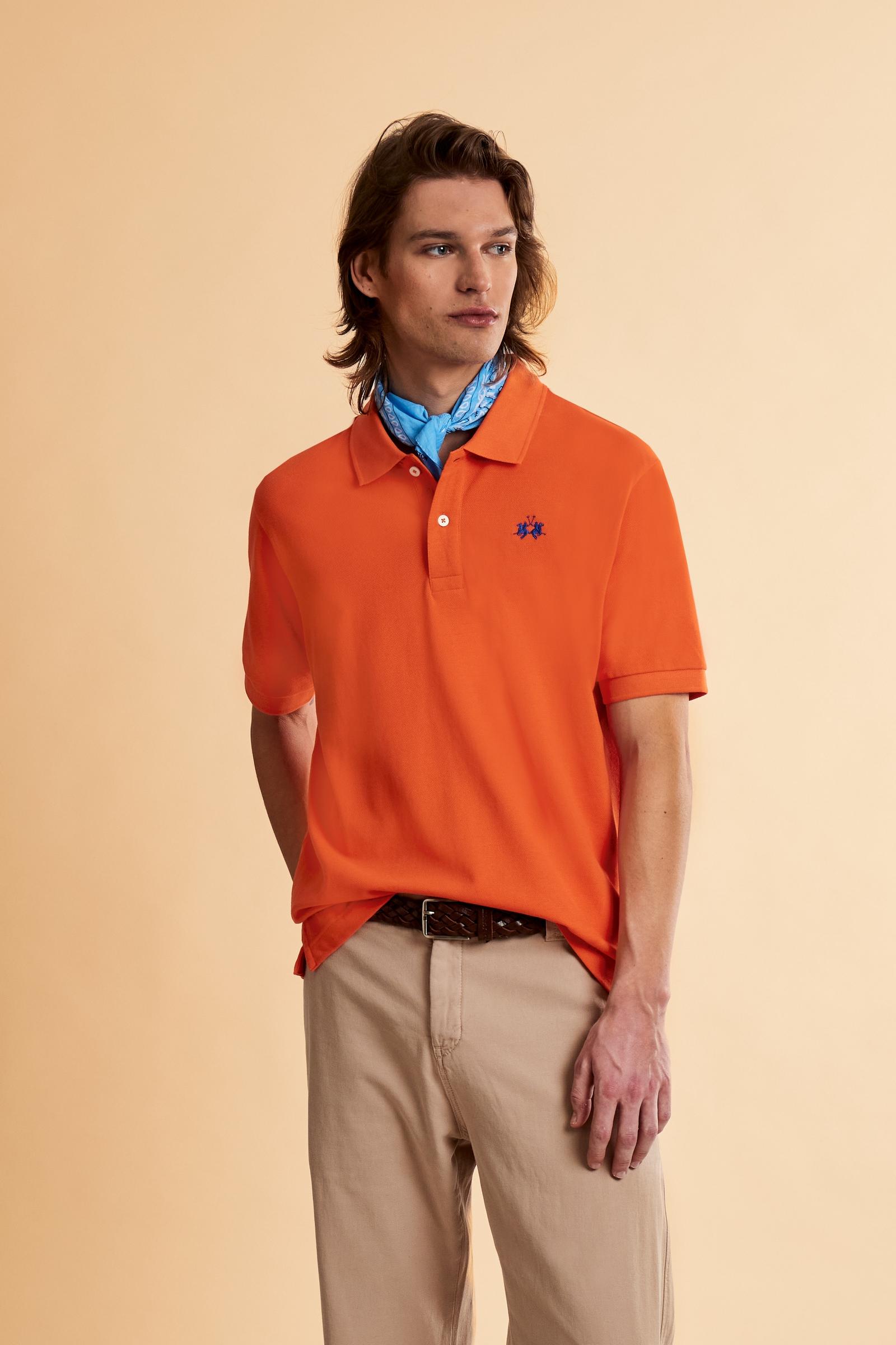 Men’s short sleeve cotton piqué polo shirt with regular fit, two-button placket and contrast brand logo. - Flame                                                                                                                                                                                                                                                                                                                                                                                                                
