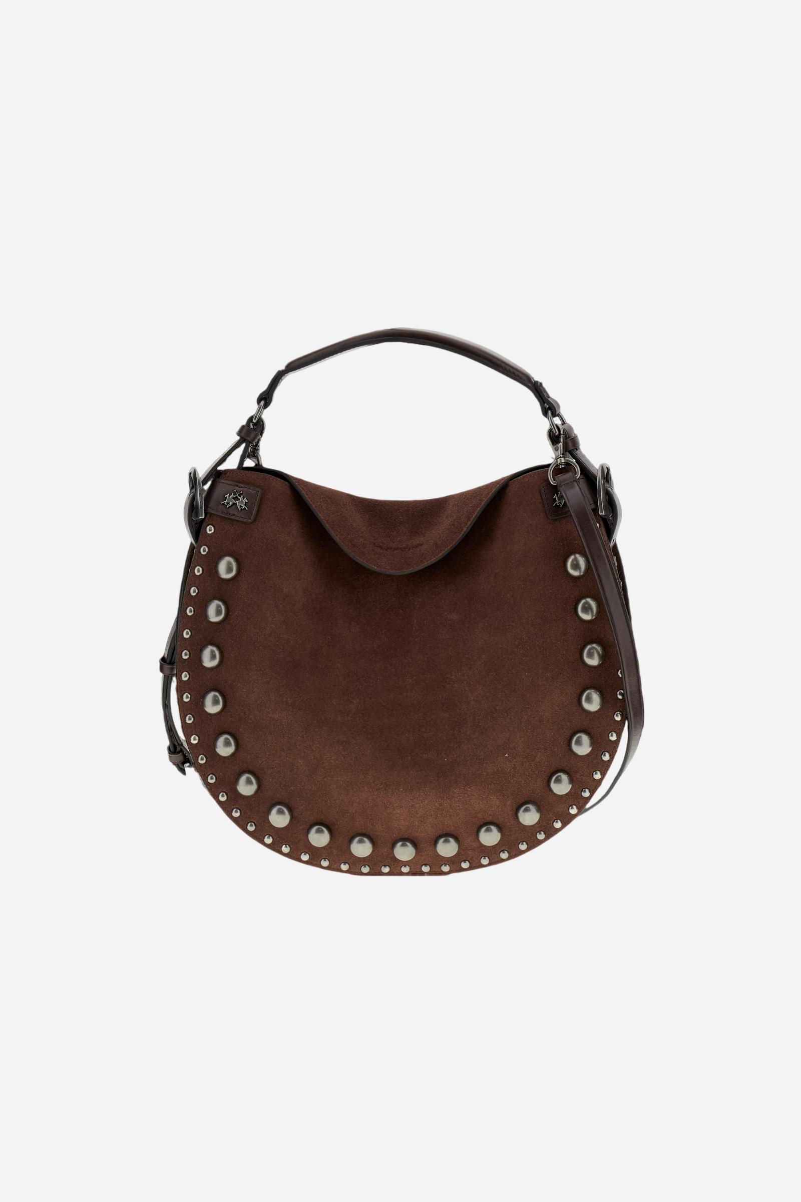 Half-moon suede bag with contrasting leather details and small metallic studs on the front. Sophisticated and contemporary design. - D.BROWN/D.CHOCOLATE                                                                                                                                                                                                                                                                                                                                                                        