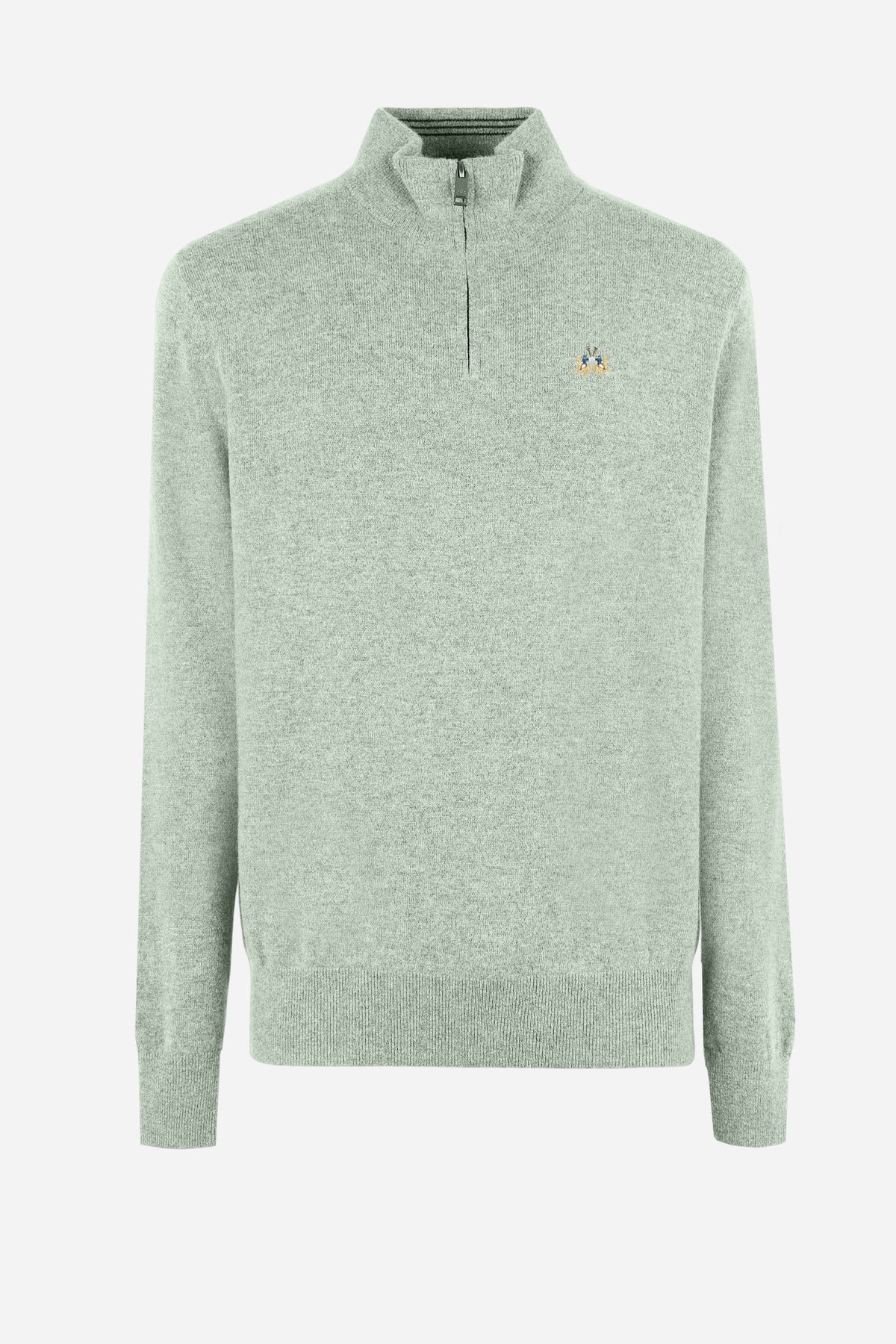 Men's long-sleeve lambswool sweater with half-zip neck, ribbed collar, cuffs, and hem, featuring contrasting inner tape and embroidered logo for a stylish, comf - Desert Sage