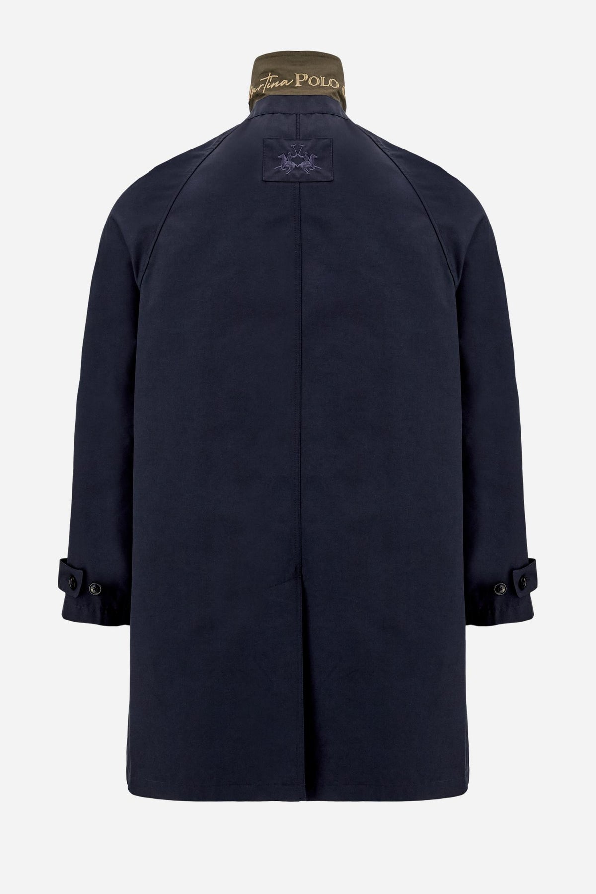 Men’s short overcoat in cotton and nylon twill. Style with front button fastening and under-collar decorated with an embroidered inscription. - Navy