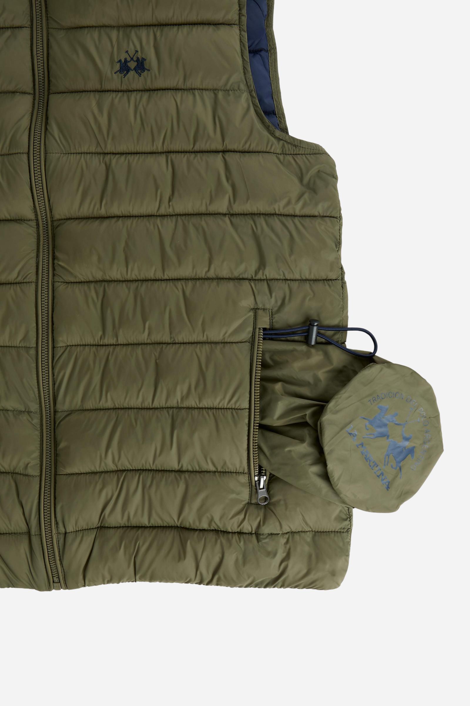 Men's sleeveless down jacket in lightweight nylon with wadding padding for warmth, zippered pockets, high collar, and contrasting interior and logo details. - Burnt Olive