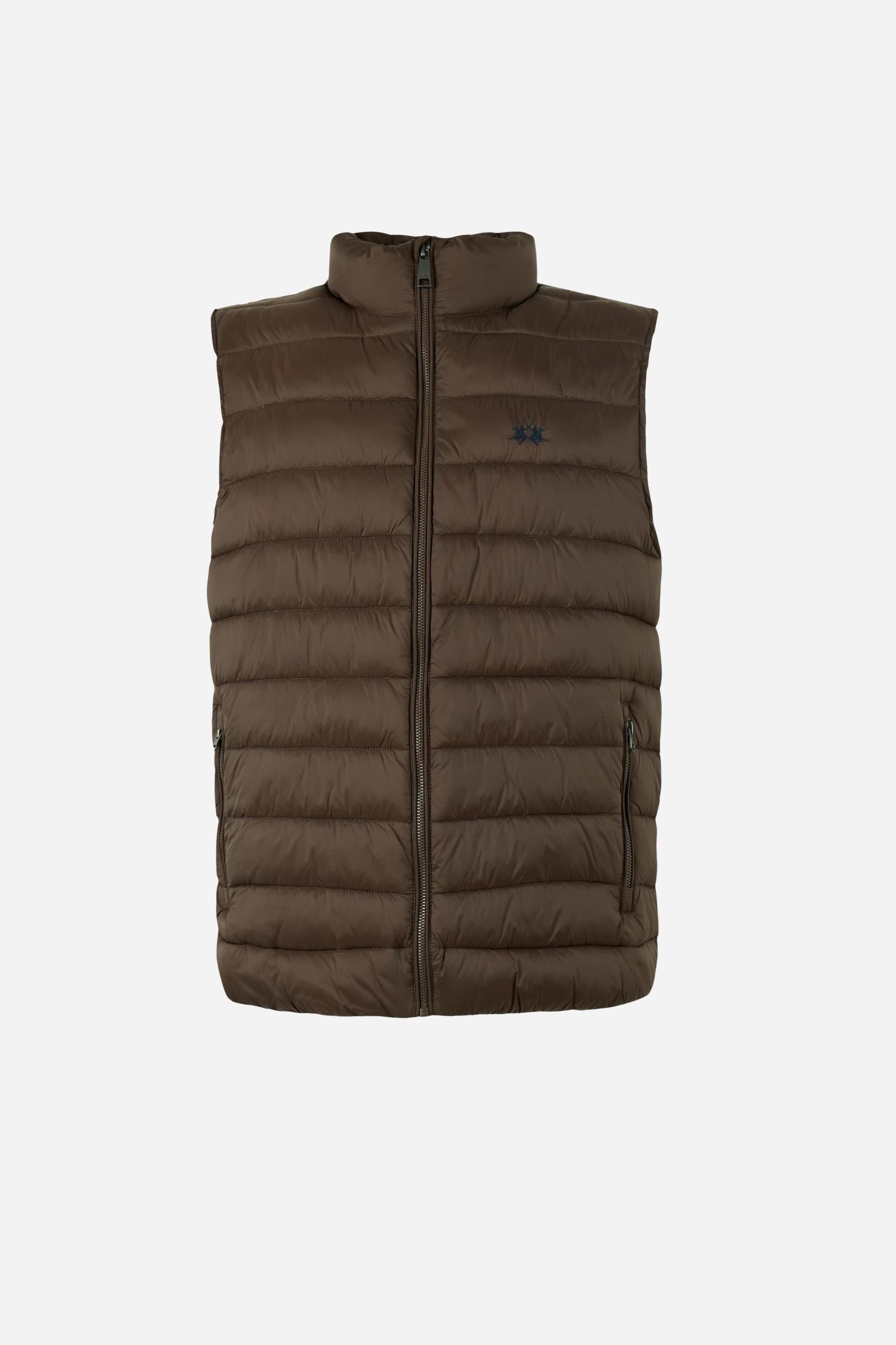 Men's sleeveless down jacket in lightweight nylon with wadding padding for warmth, zippered pockets, high collar, and contrasting interior and logo details. - Hot Fudge