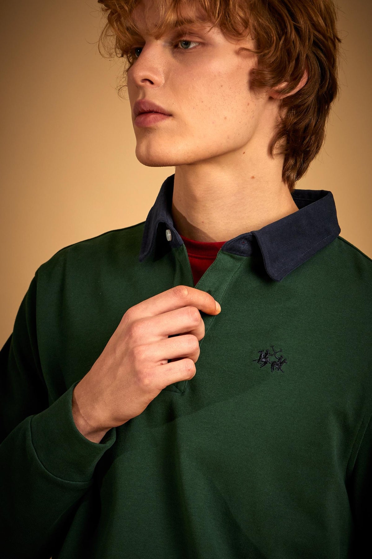 Men's long-sleeve polo shirt in heavy cotton jersey with contrast collar - Duke