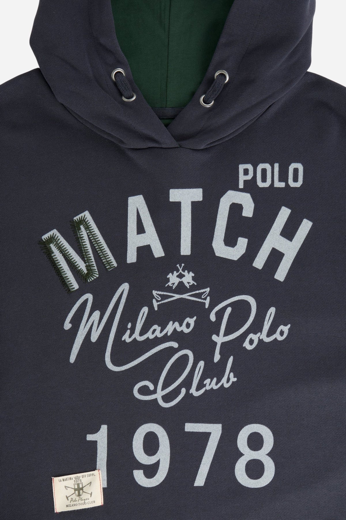 Men’s long-sleeve sweatshirt in soft brushed cotton with adjustable hood, relaxed fit, ribbed cuffs, and a textured vintage graphic for a stylish, comfortable look. - Navy Blazer