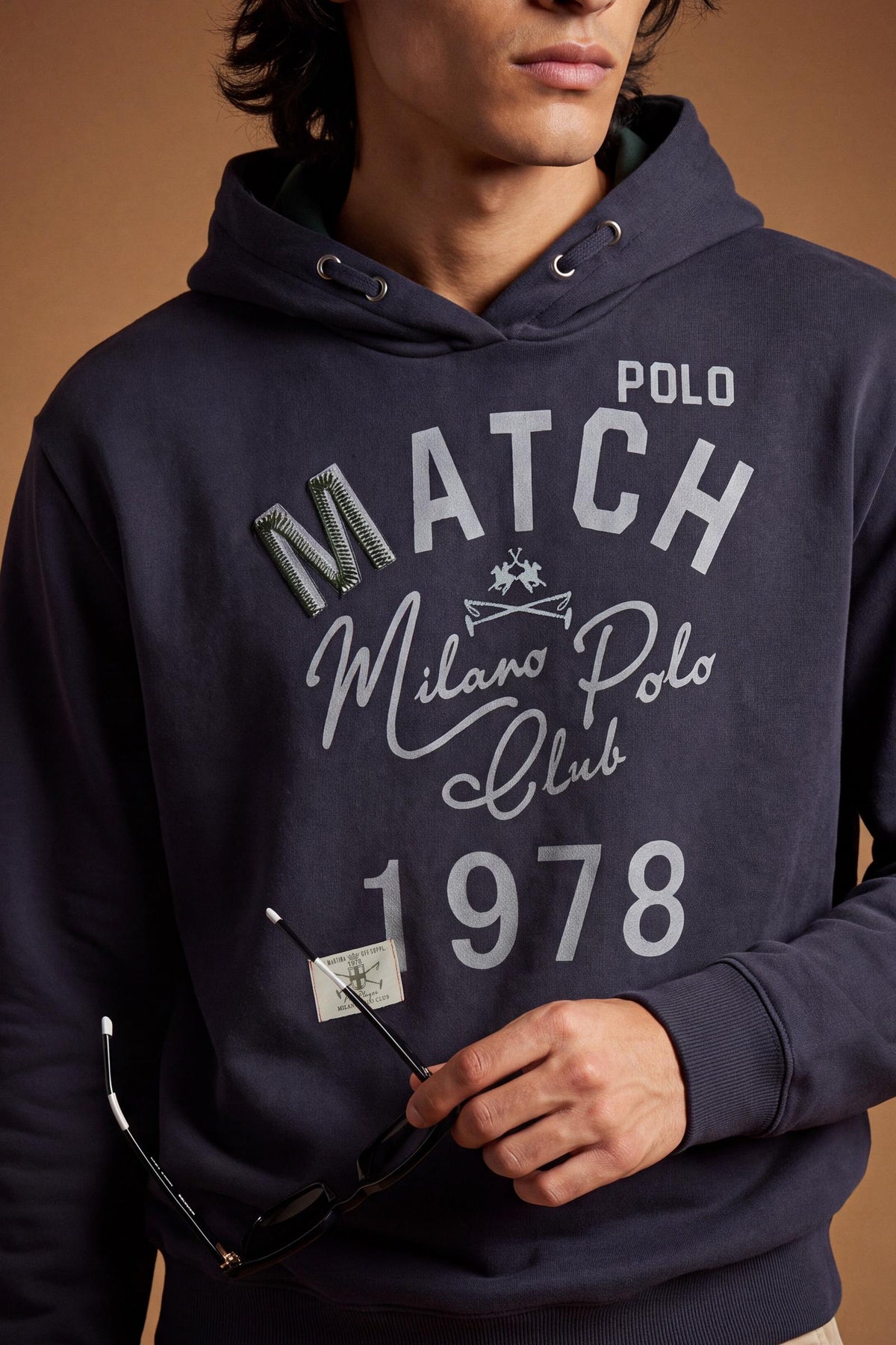 Men’s long-sleeve sweatshirt in soft brushed cotton with adjustable hood, relaxed fit, ribbed cuffs, and a textured vintage graphic for a stylish, comfortable look. - Navy Blazer