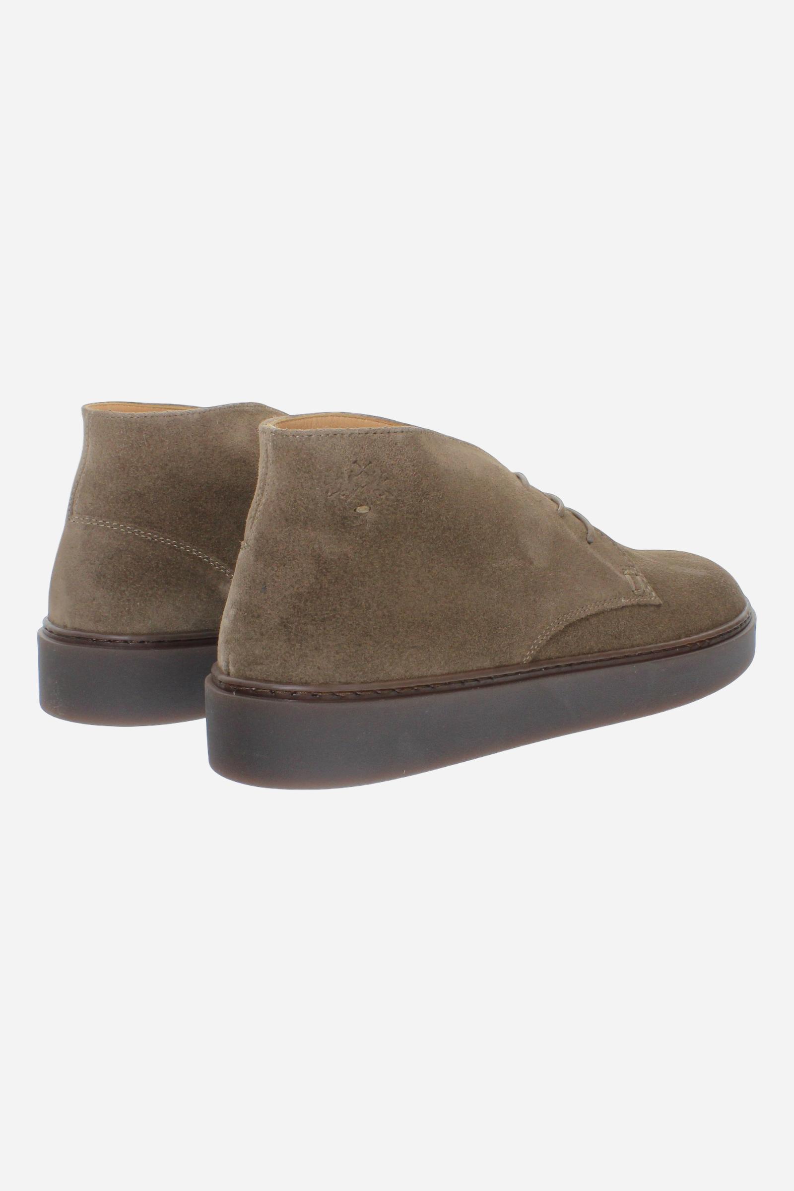 Men’s high-top suede shoes with visible stitching, embossed logo, and brown rubber sole for comfort and style. Crafted in Italy for casual and semi-formal wear. - Taupe Gray