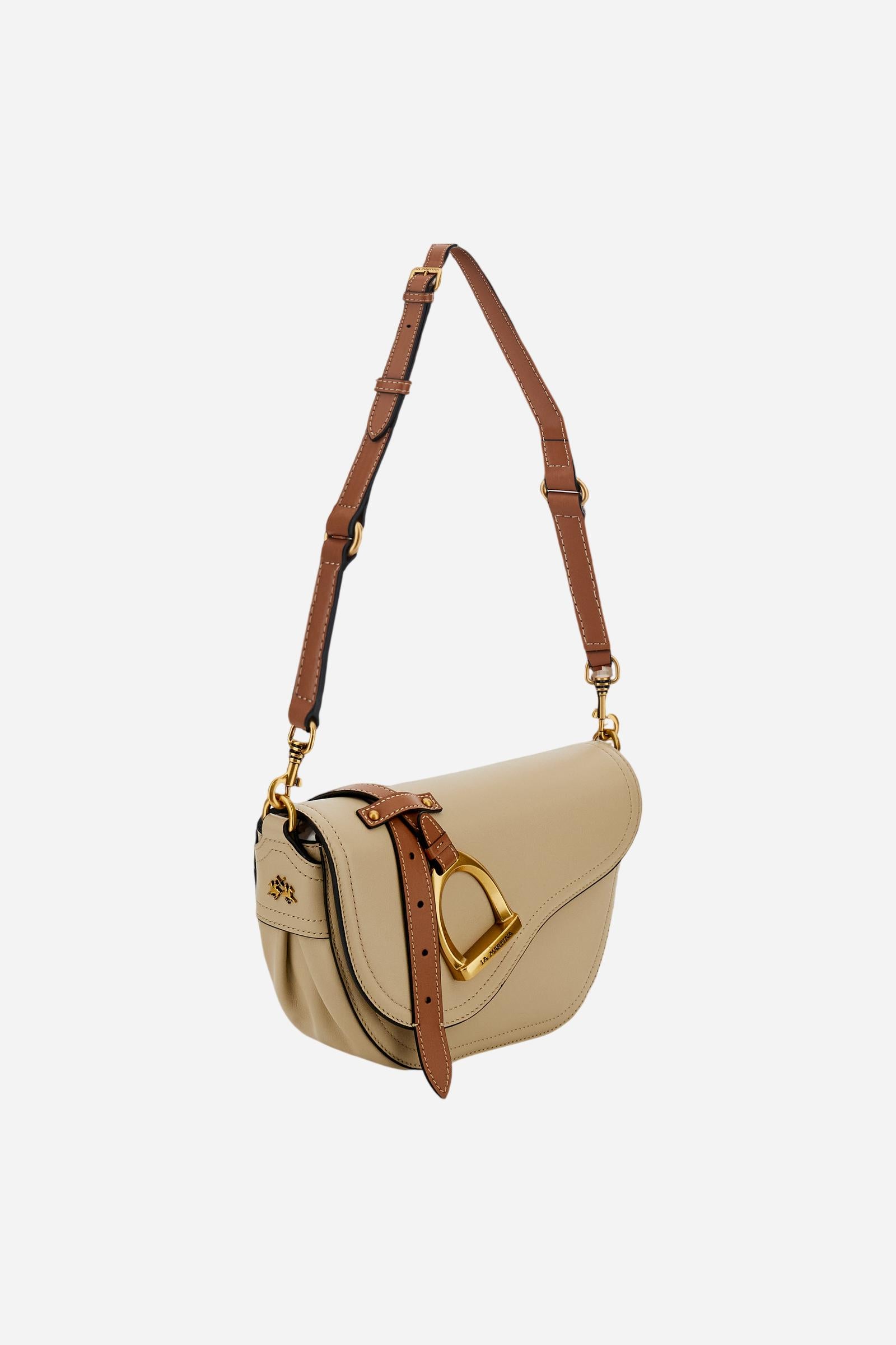 Small half-moon bag in full-grain leather with leather trim, saddle flap and gold maxi stirrup buckle with engraved logo. - Neutral/Cuoio