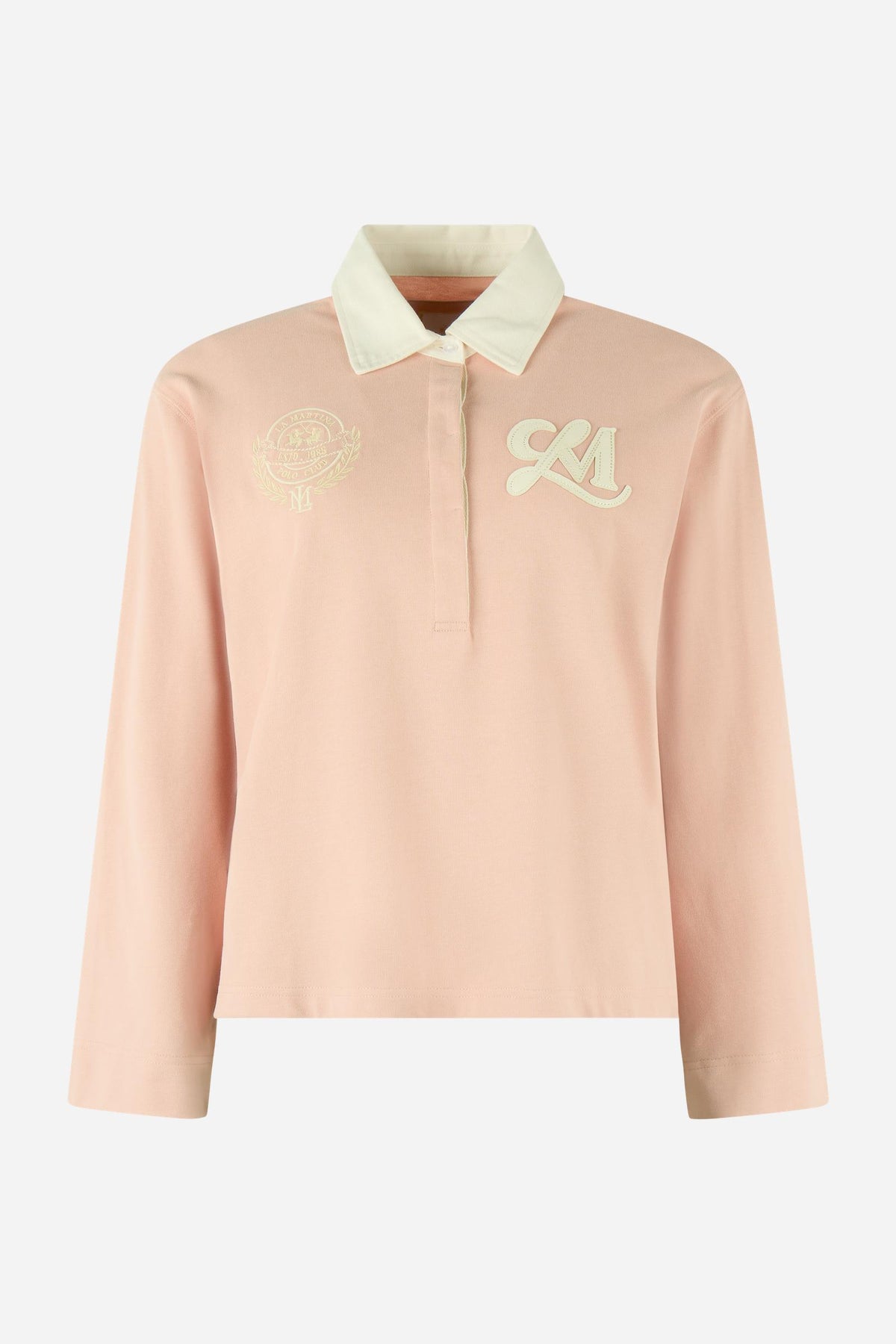 Women's long-sleeve polo in heavy-weight cotton jersey with a comfortable fit, straight cut, rugby collar, concealed front opening, embroidered crest, and LM patch. - Pale Mauve