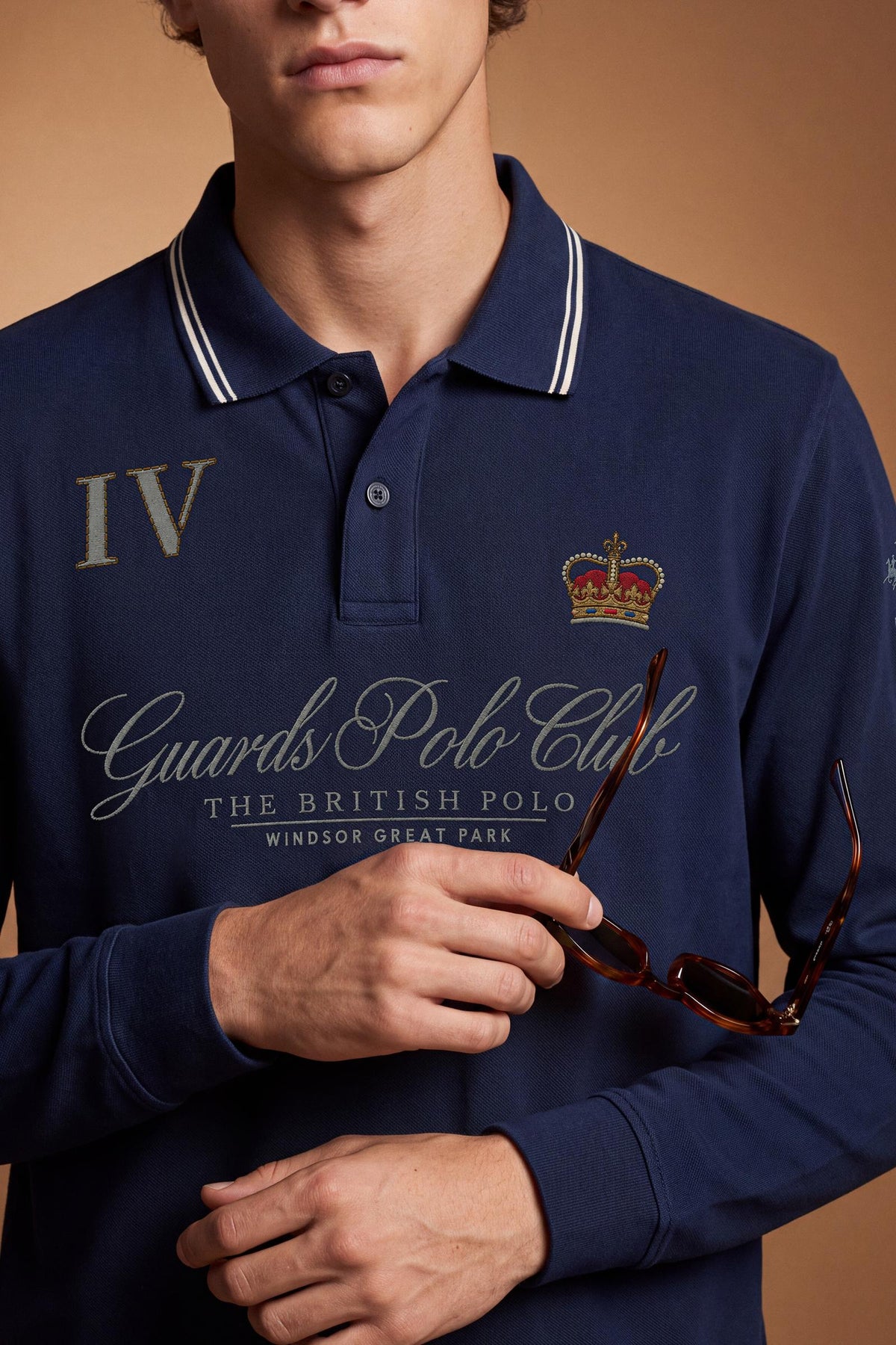 Men's long-sleeve cotton piqué polo with a regular fit, ribbed collar and cuffs, contrasting details, and multicolored embroidered logos for a refined look. - Navy Blazer