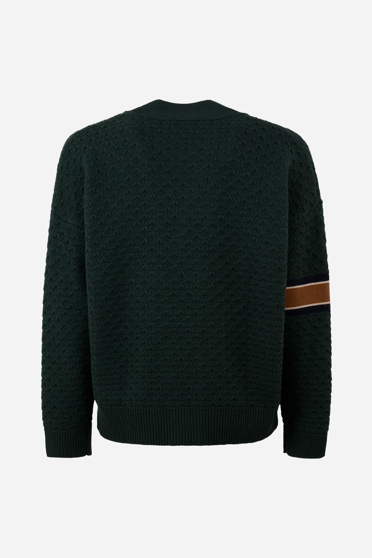 Men's long-sleeve cardigan in 50% lambswool blend with 3D knit, large buttons, patch pockets, bold "3" applique, brand embroidery, and relaxed oversized fit. - Scarab