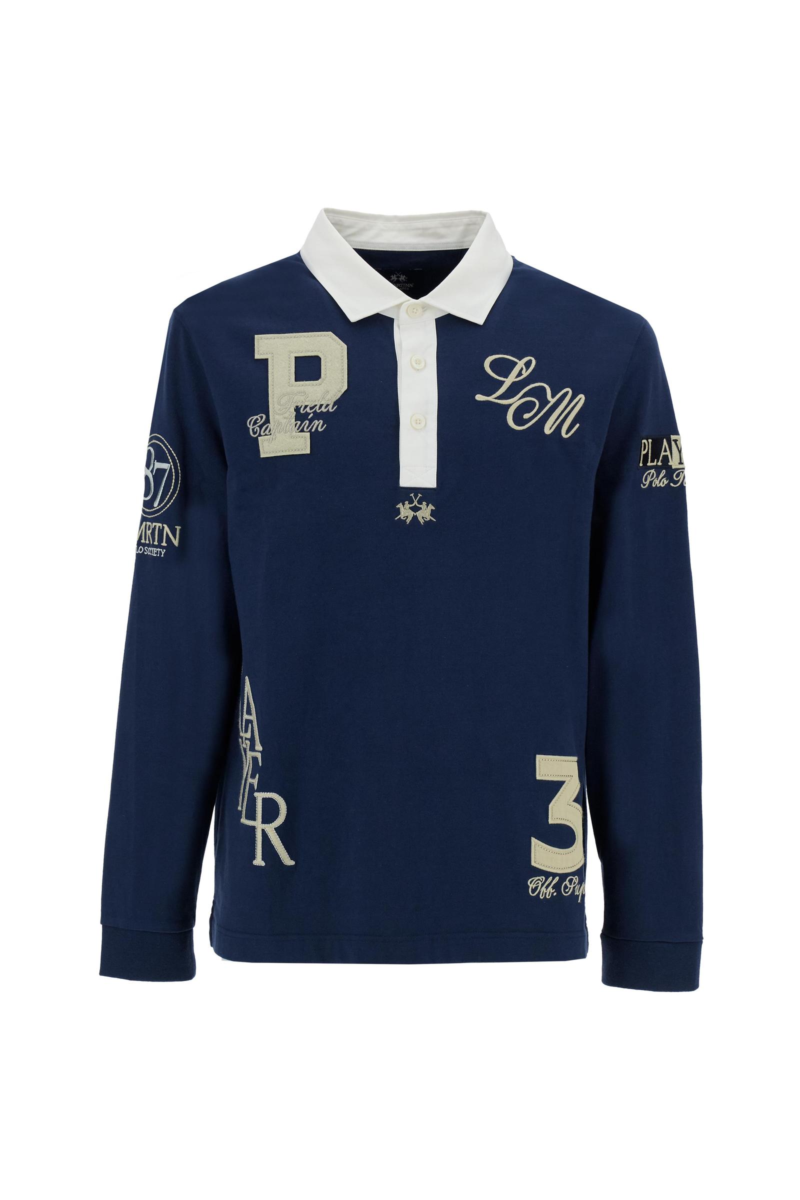Men’s long-sleeve polo in heavy cotton jersey. Rugby construction with contrast gabardine collar and three-button placket. Ribbed cuffs and compact structure enhance the silhouette. A refined mix of raised embroidery and applied patches decorates chest, back and sleeves. Iconic logo embroidered beneath the placket. The model wears size L. - Navy                                                                                                                                                                     